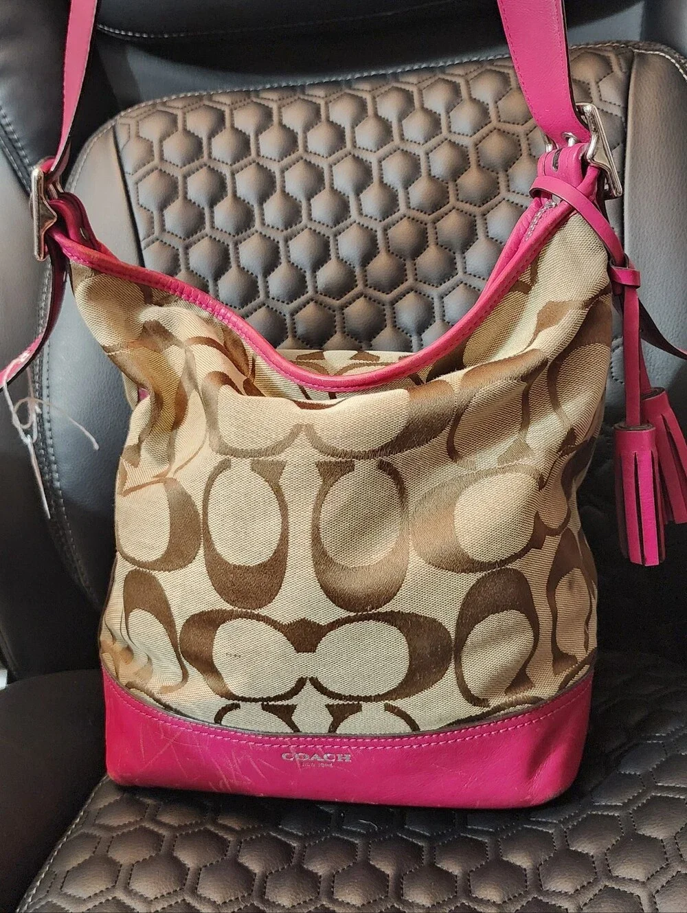 Coach Signature Canvas Shoulder Bag in Brown and Pink